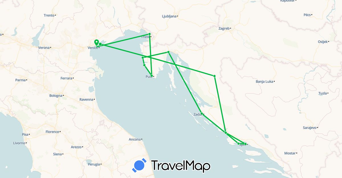 TravelMap itinerary: driving, bus in Croatia, Italy (Europe)